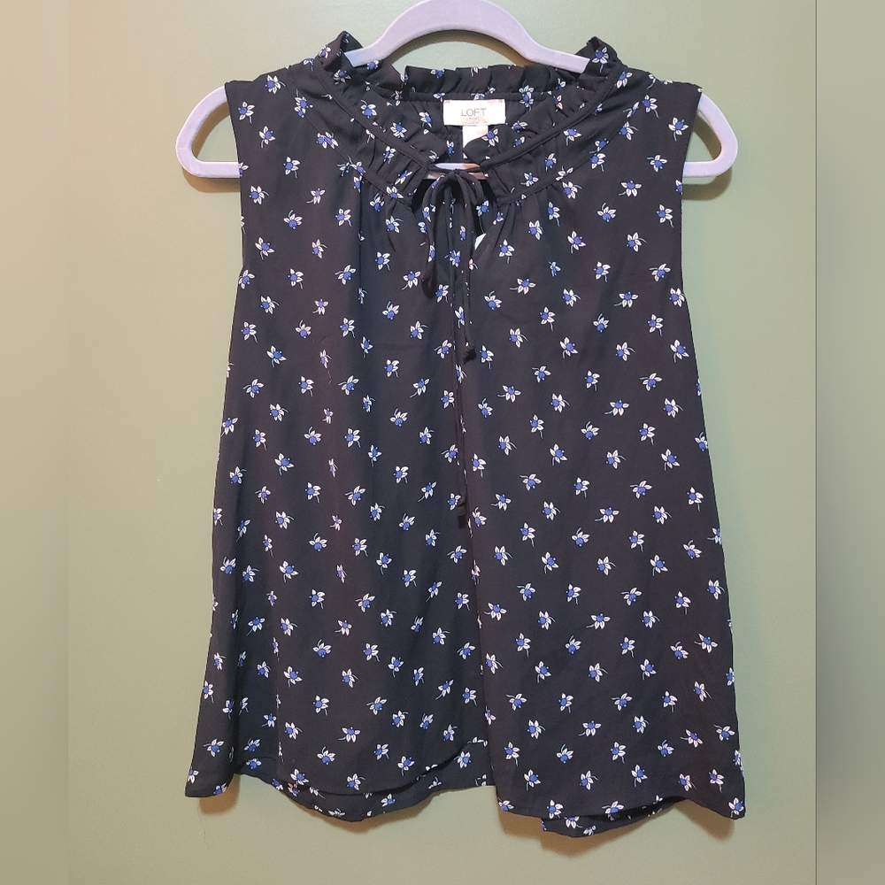 LOFT Outlet - Black Floral Dot Polyester Sleevless Bow Blouse